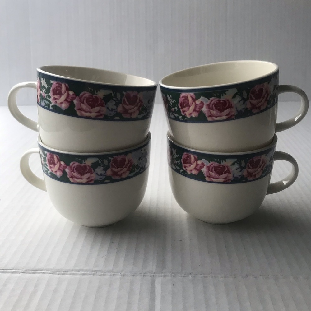 Set Of 4 Tienshan Floral Stoneware Coffee/Tea Cups
